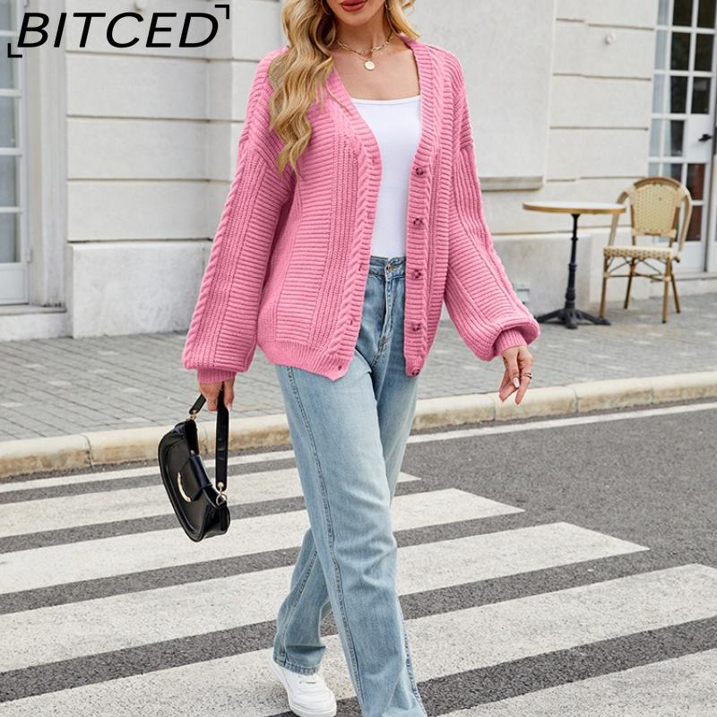 BITCED Relaxed-Fit Oversized Cardigan Autumn/Winter Long-Sleeved V-Neck Cable-Knit Sweater