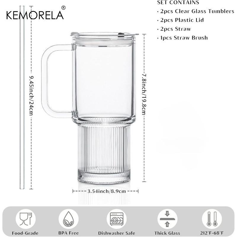 750ML Glasbecher mit Henkel & Deckel 1/2 Stück Große Eiskaffeebecher mit Strohhalmen Moderne Glasbecher für Kalt- & Heißgetränke Saft
