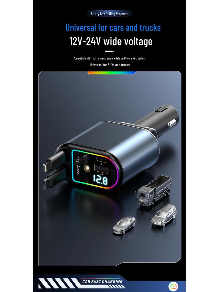 Dual USB Car Charger with Digital Display and Retractable Cable