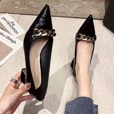 Women's Summer Footwear Black Shoes for Woman 2024 with Medium Heels Square Office Pointed Toe Fashion Chic Point Beau Today E A