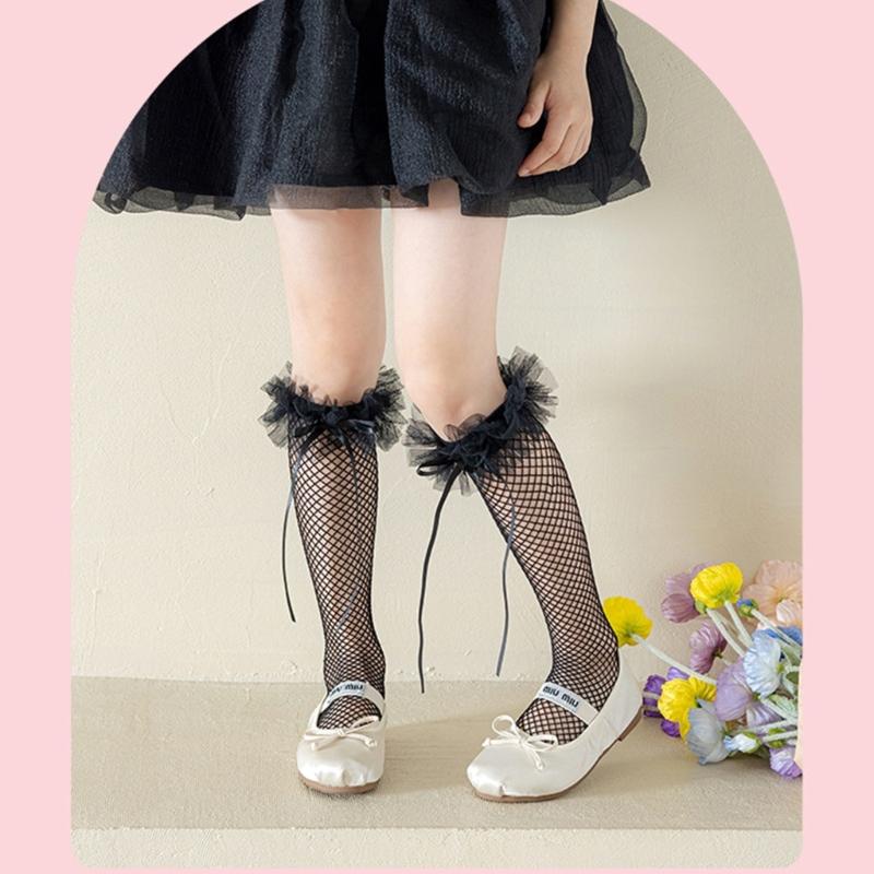 Breathable Lace Sweet Socks for Kids Feature Lovely Bowknot Edges, Lovely Girls In Tube Socks for Summer Outfits