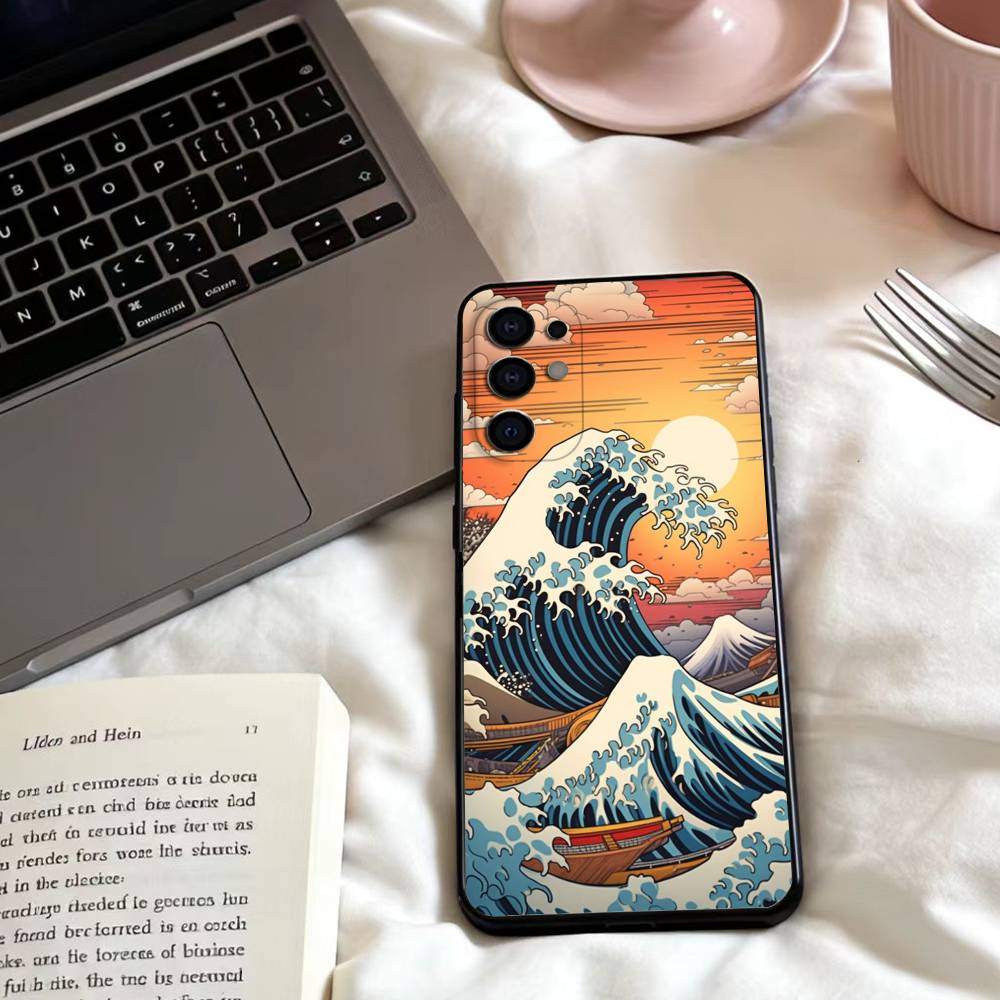 Japanese Ukiyo-e Ocean Waves  Phone Case For Samsung S25,24,23,22,30,21,10,9,Ultra,Plus,Lite,FE,4,5 G Soft Black Case