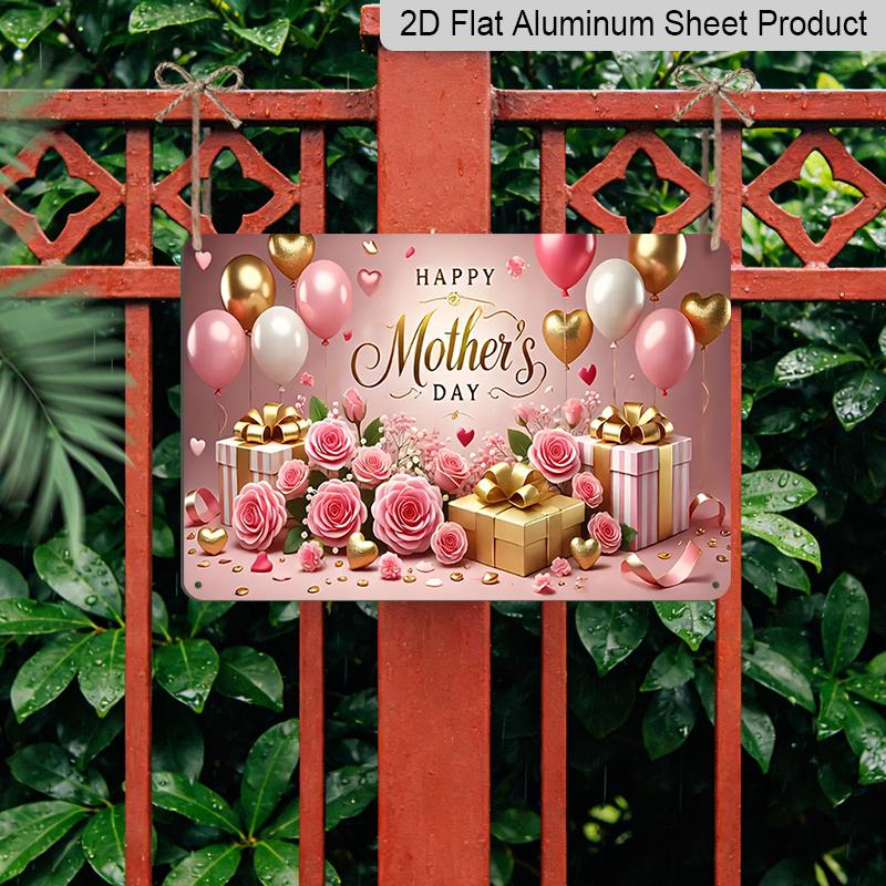 2D Flat, 1pc "Happy Mother's Day" Gift & Balloon Plaque, 12"×8" - Pink Rose & Gold Decor Sign - Aluminium Wall Hanging Decoration, Festive Mother's