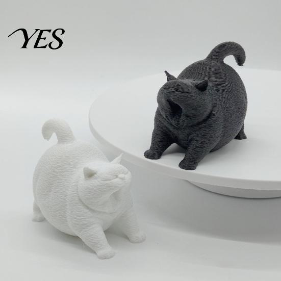 Modern Home Decoration 3D Printed Cute Yawning Chubby Cat Figurine, Black White, Wide Stable Anti-Tipping Base, Desk Decor Desktop for Pet Shop