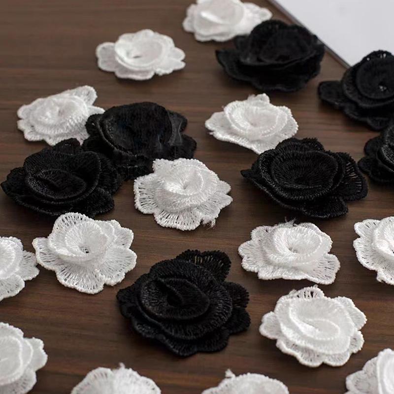 10Pcs/Set Black White 3D Flower Water-Soluble Embroidered Patch Handmade DIY Wedding Dress Sewing Applique Craft