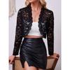 Elegant Women'S Lace Cardigan, Polyamide Blend, Geometric Pattern, Drop Shoulder Collar, Long Regular Sleeves, Short Length,