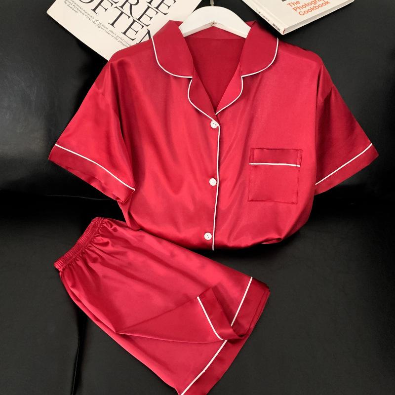 Cool Imitation Silk Pajamas Women'S Summer Short-Sleeved Shorts Gorgeous Loungewear Set