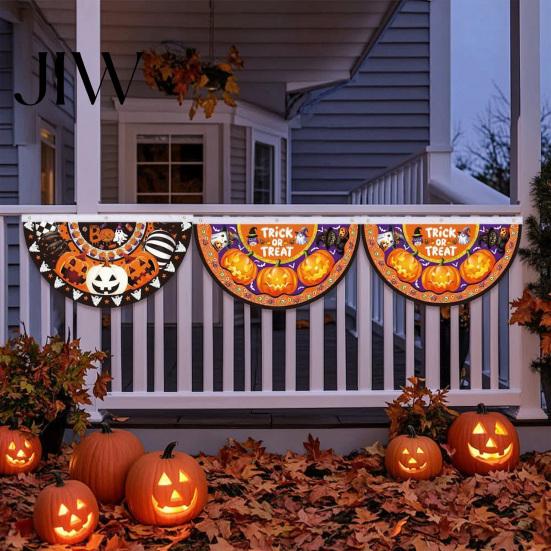 Reusable Holiday Porch Sign Halloween Semi Circle Bunting Banner, Pumpkin Bat Yard Decor, Decorative Fan Shaped Flags Spooky Festive Hanging Flag for