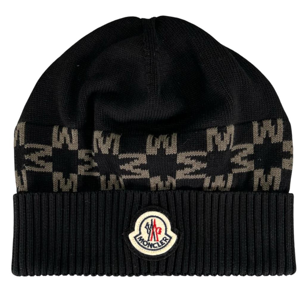 Ausgezeichnete MONCLER Strickmütze BERRETTO Logo-Patch schwarze Baumwolle Damen Gebraucht