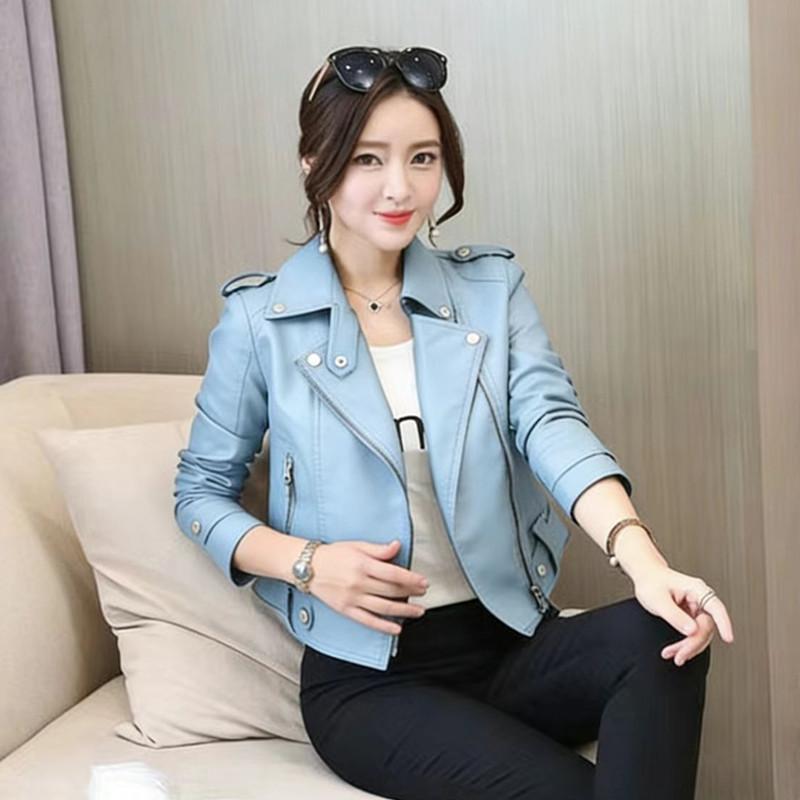 Women Short Faux Leather Moto Jacket Lapel Zipper Slim Biker PU Coat Casual Motorcycle Outerwear