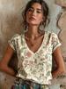 Damen Vintage Orange Floral Rankenprint V-Ausschnitt T-Shirt, Lässige Kurzarm Tops, Retro Boho Tägliche Kleidung für Frühling & Sommer