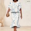 Women Plus Size Two Piece Set Crewneck Batwing Sleeve Printed Ruffle Hem Top Fishtail Skirt