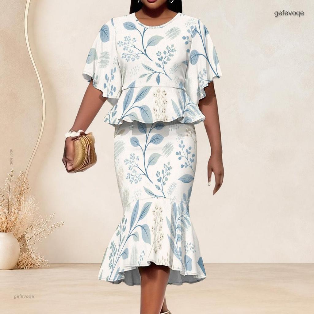 Women Plus Size Two Piece Set Crewneck Batwing Sleeve Printed Ruffle Hem Top Fishtail Skirt