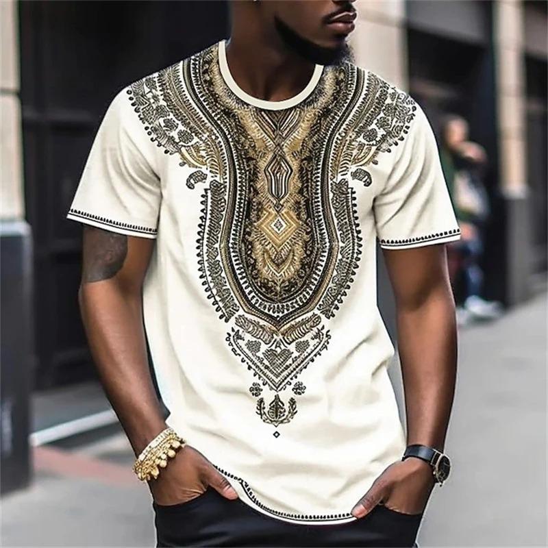 New European and American trend T-shirt, casual ethnic style tribe D printing short-sleeved men's outdoor top