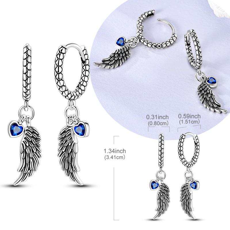 Original 925 Sterling Silver Antique Craft Wings Dark Blue Zircon Heart Dangle Hoop Earrings For Women Jewelry Gift