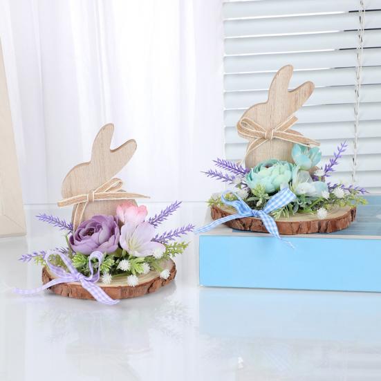 Easter Bunny Wooden Sign Desktop Bunny Ornament with Artificial Flower Spring Party Tabletop Centerpiece for Tiered Tray Home Decor
