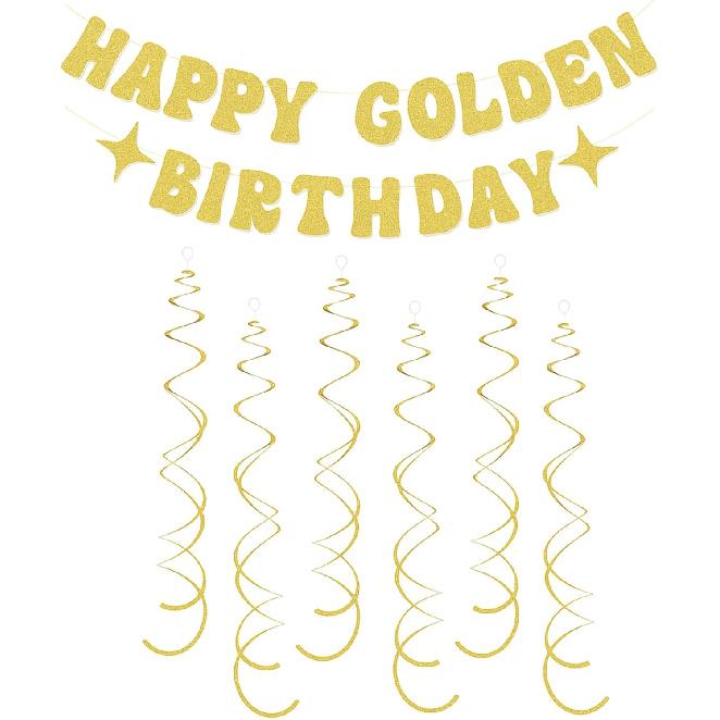 Epakh Golden Birthday Party Decorations K Pop Happy Birthday Era Banner with Hanging Swirl Photo Background Backdrop for Women Wedding Bachelorette