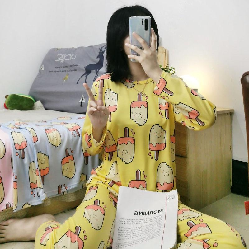 Pajamas Female Cute Fun Cartoon Long-sleeved Round Neck Fresh Small Ice Cream Can Be Worn Outside Loungewear Large Size Suit
