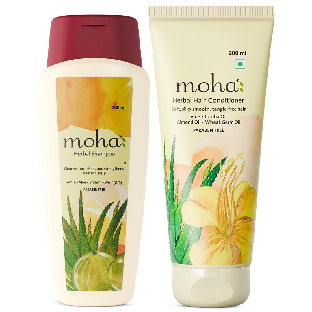 Moha Herbal Shampoo - 200 Ml & Herbal Conditioner - 200 Ml Combo with Amla, Aloe Vera, Brahmi, Bhringraj, Jojoba, Almond & Wheat Gram Oil for Cle