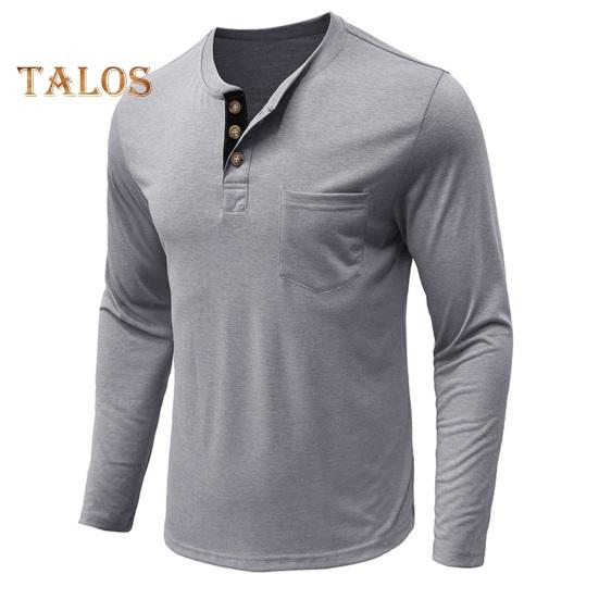 Men Spring Top with Chest Pocket Buttoned O Neck Slim Fit Long Sleeve Bottoming Clothes Solid Color Stretchy Pullover T-shirt