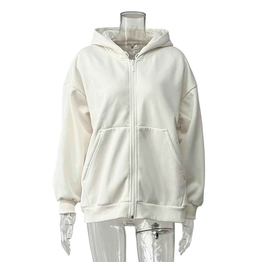 Autumn and winter new casual European and American hooded long-sleeved cardigan sweatshirt loose zipper sweatshirt women s clothing S белый