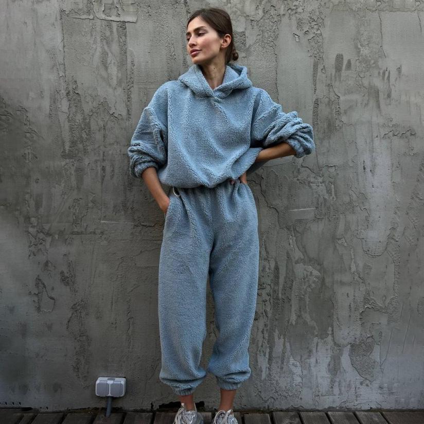 Women Solid Color Long Sleeve Hooded Hoodies Suit Autumn Winter Loose Top Wide Leg Pants