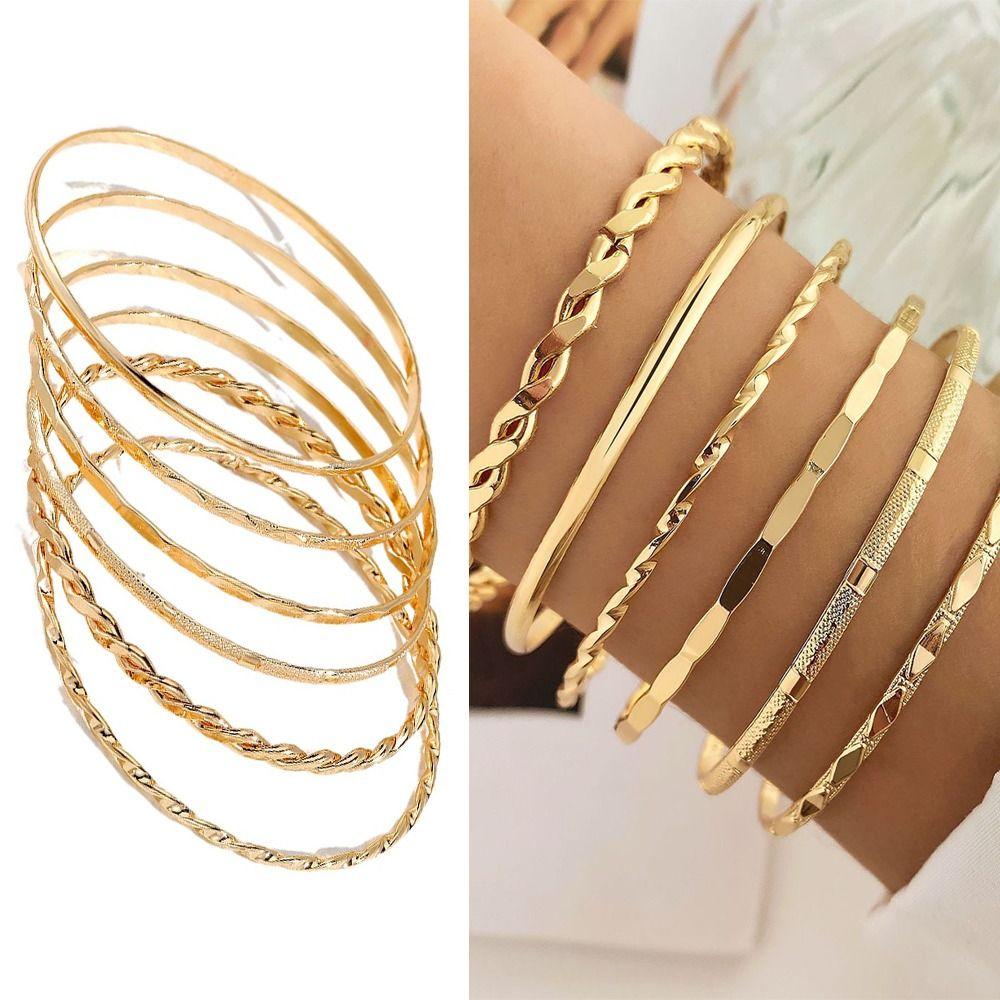 6Pcs Diamond Bangles Gold Women Jewelry Punk Chain Bracelet Set  for Women Girls