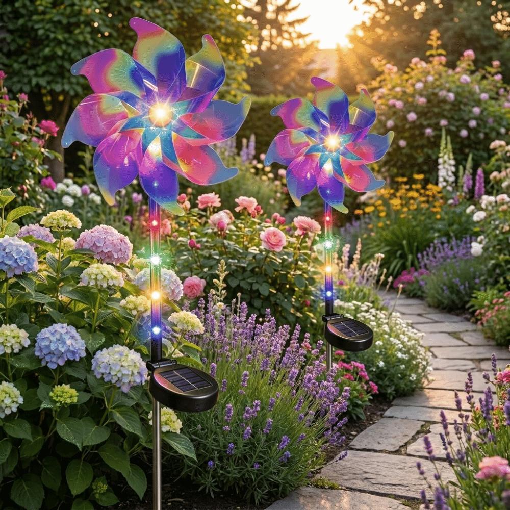 Creative Solar Powered Windmill Lamp Rotating Colorful Turning Windmill Lawn Lamp Cordless Realistic Garden Floor Lamp