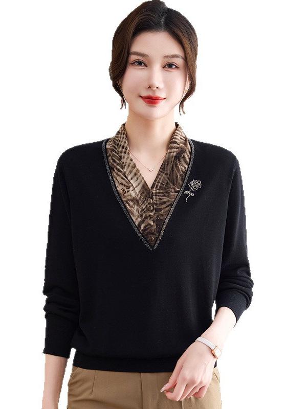 

Elegant Spring V-neck Long Sleeve Knit Top with Gauze Sleeves for Middle-aged and Elderly Women 2XL (Suitable for 135-150 jin)