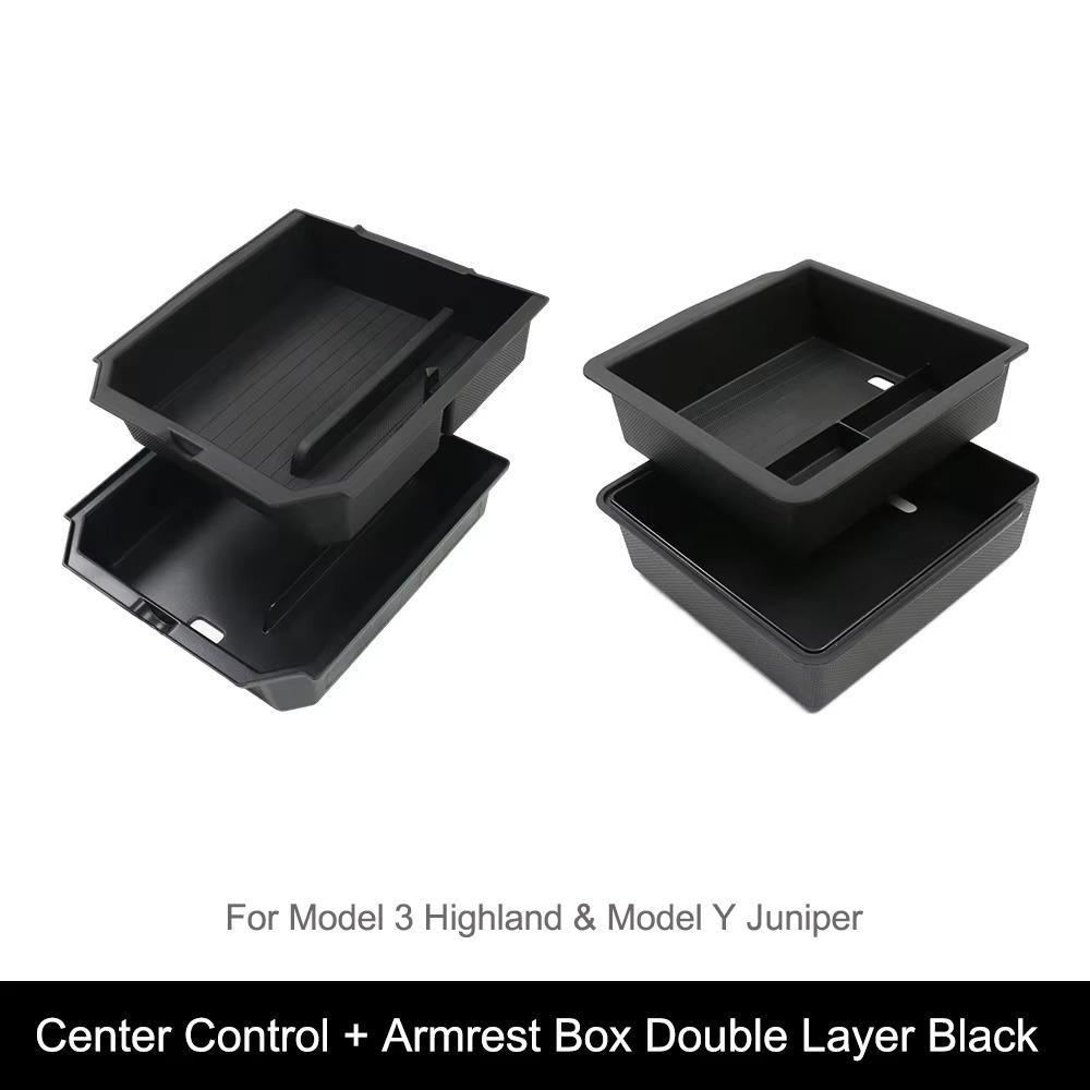 For Tesla Model Y Juniper Model 3 Highland Center Control Armrest Box Organizer Double Layer Box ABS+TPE Layered Storage Box
