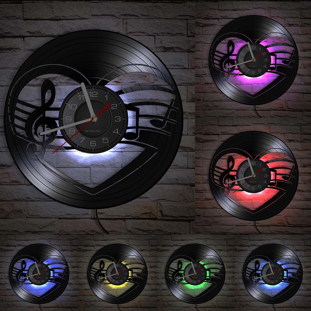 Music Notes Wall Art Treble Clef Vinyl Record Wall Clock Hanging Sheet Music Art Vintage Watch Rock N Roll Music Lover Gift