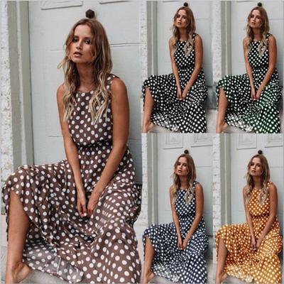 Summer Sexy O Neck Sleeveless Boho Polka Dot Print Maxi Dress New  Casual  Ladies Party Long Dress