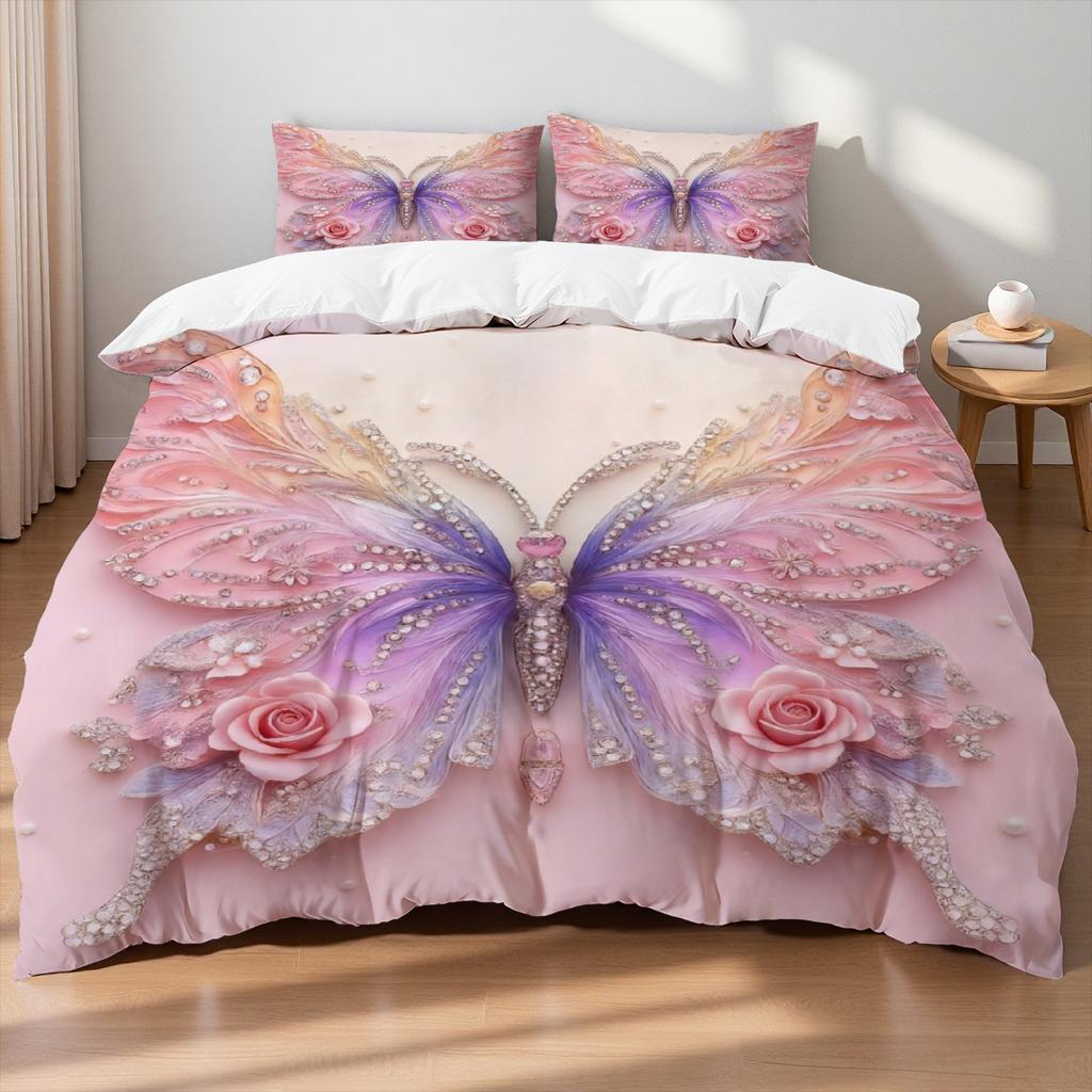 3pcs Pink Purple Bedding Set Blue Fantasy Style Butterfly Print Comfortable King Queen Twin Single Size Bithday Gift for Sister
