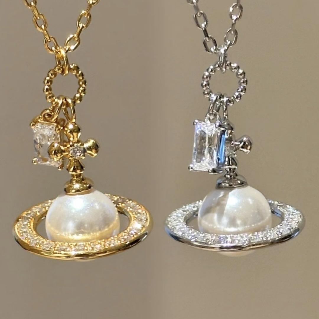 Arts & Hobbies Women's Gold/White French Micro-Set Three-Dimensional Pearl Saturn Pendant Necklace Planet Cross Iris Premium Sense Clavicle Chain