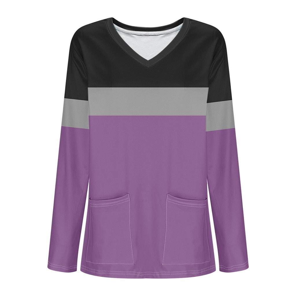 Women's Fashion V-Neck Long Sleeve Workwear With Pocket Striped Printed T-Shirt Top