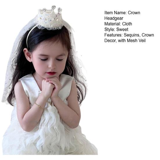 Girl Crown Headband with Sequins Imitation Pearls Princess-Style Crown Mesh Veil Toddler Princess Headpiece Baby Girl Photo Accessory