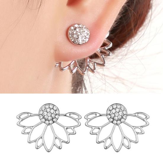 Women Hollow Out Lotus Shaped Rhinestone Inlaid Ear Jacket Earrings Jewelry Gift