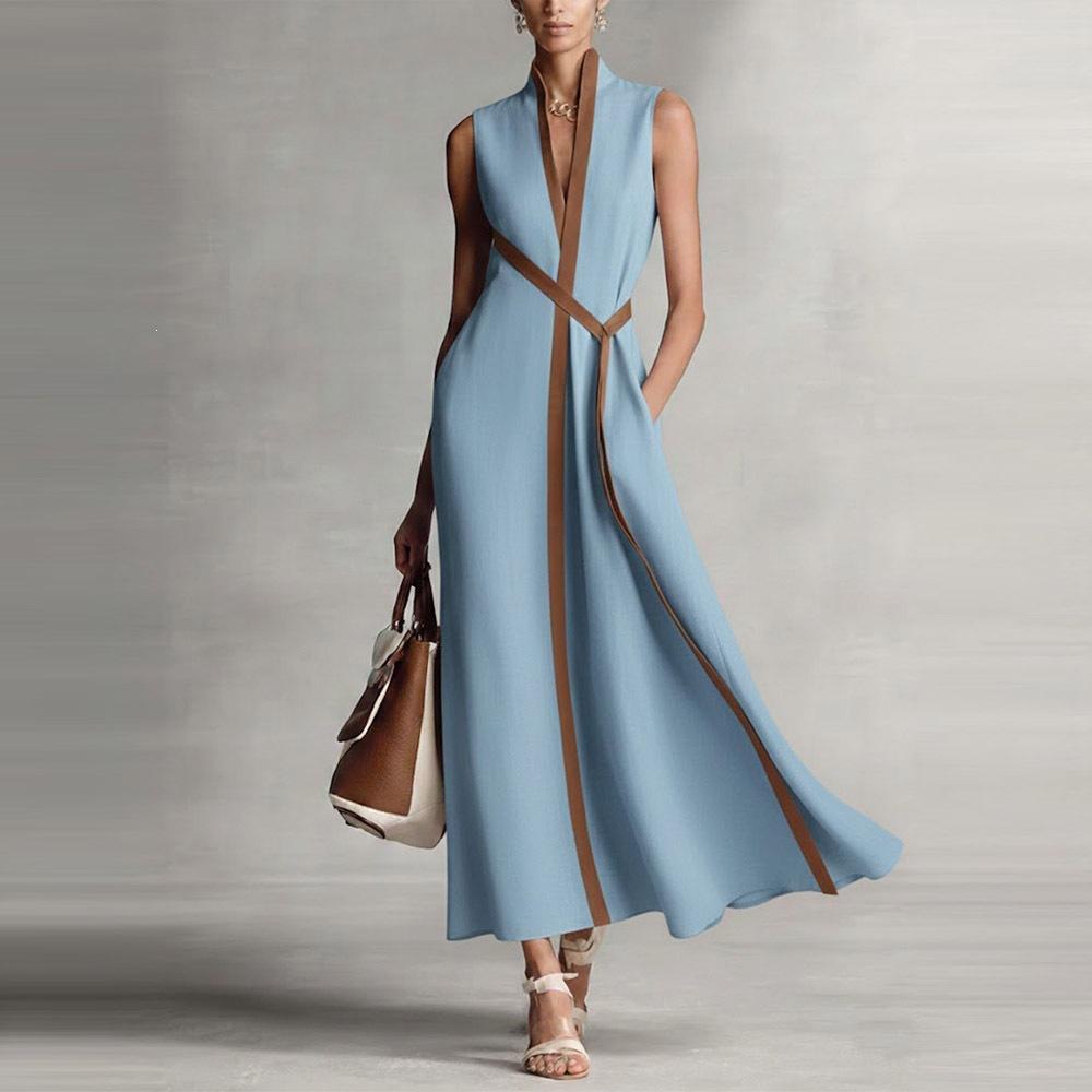 Women s V Neck Sleeveless Maxi Dress Color Block Tie Waist Elegant A Line Long Dress S синий