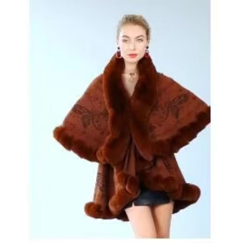 

4 цвета, зимняя теплая 2-слойная жаккардовая толстая накидка-пончо, женская длинная свободная накидка, кардиган из искусственного меха, уличная шаль, пальто One Size кофейный
