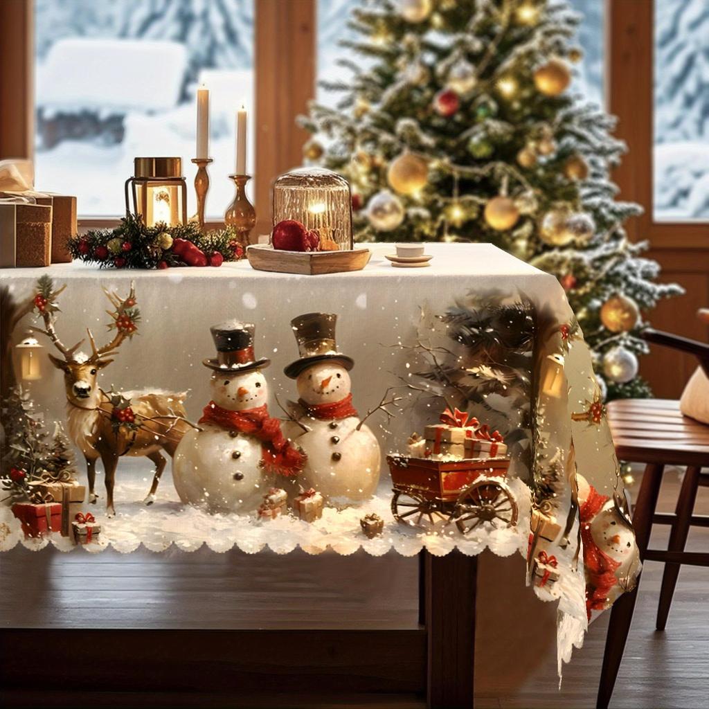 Christmas Tablecloth - Vintage Snowman, Indoor/Outdoor Party, Home, Dining Decor Holiday Decoration