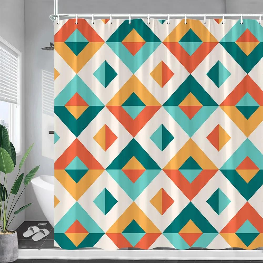 Creative Geometric Shower Curtains Blue Red Yellow White Splicing Black Lines Modern Minimalist Cloth Curtain Bathroom Decor Set
