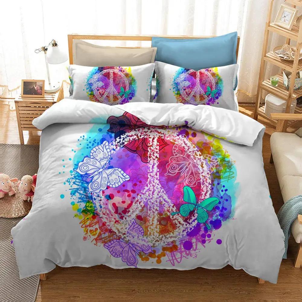 Boho Hippie Psychedelic Flowers Duvet Cover Colorful Peace Sign Bedding for Boys Girls Women Bedroom Decorative Rainbow Tie Dye
