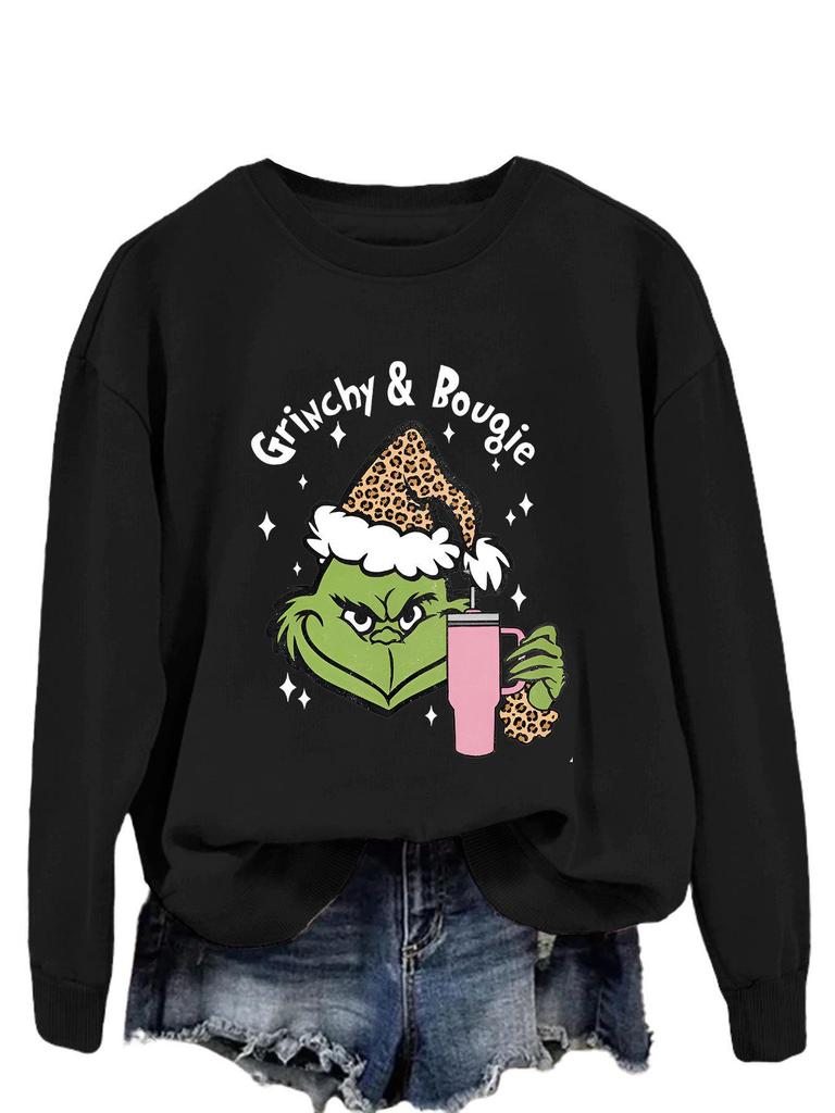 Women's Fashionable Leopard Print Christmas Sweatshirt with Grinchy Hat Design