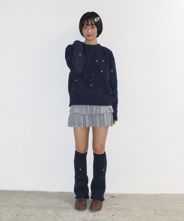 RONRON Hairy Pearl Embroidery Knit Navy