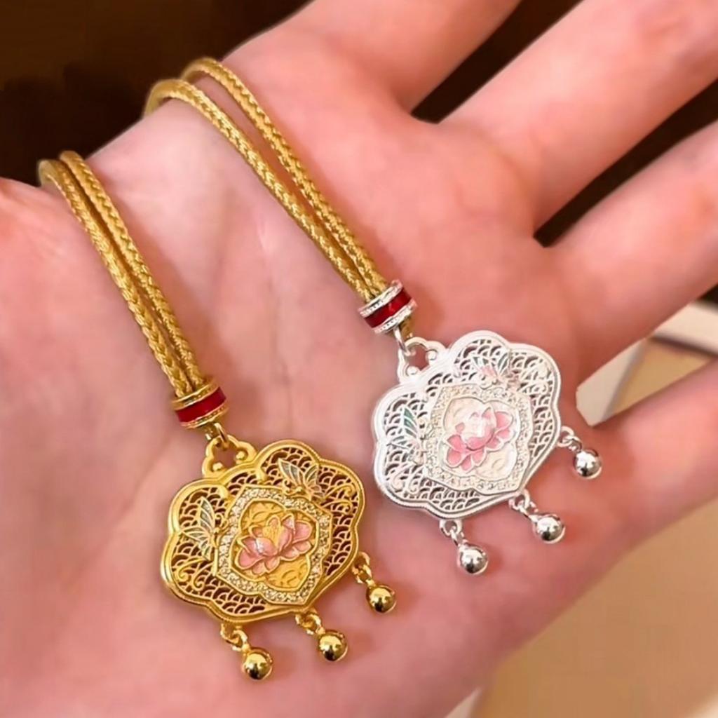Butterfly Love Flower Double-Sided Lotus Peace Lock Long Sweater Chain Necklace for Women, Light Luxury High-End Pendant Accessory