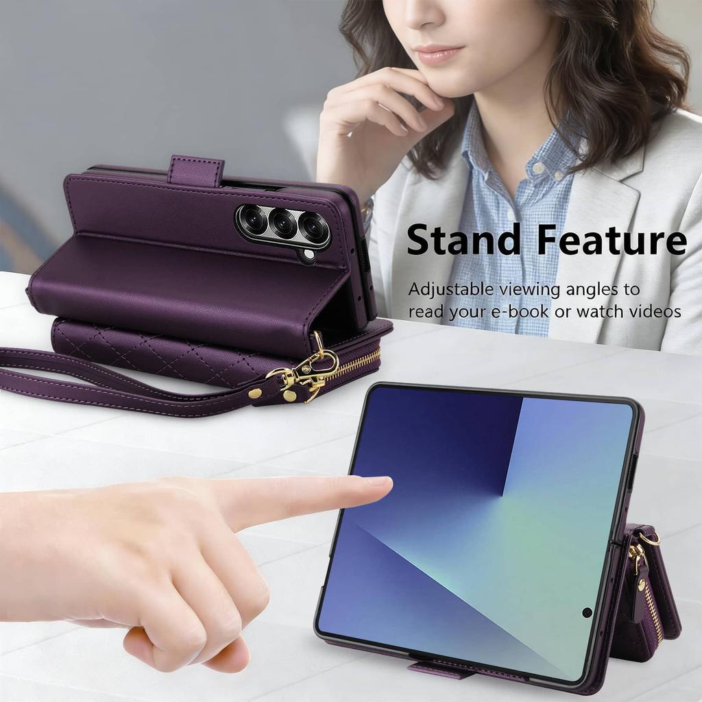 Crossbody Wallet Case for Samsung Galaxy Z Fold 7 6 5 4 3 RFID Blocking Zipper Flip Cover Card Holder Kickstand Purse