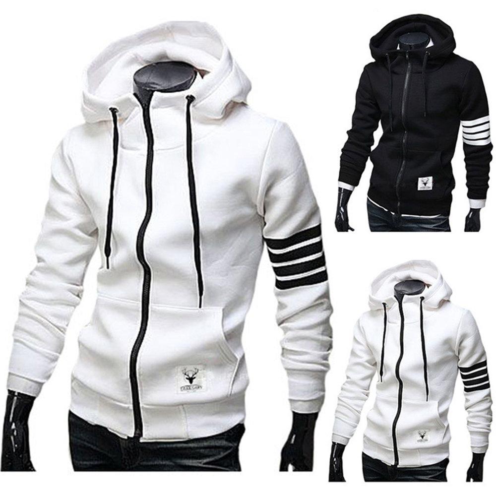 Cheap Men's Hoodies Casual Striped Drawstring Hooded And Zipper Closure Hoodie Slim Fit Fleece