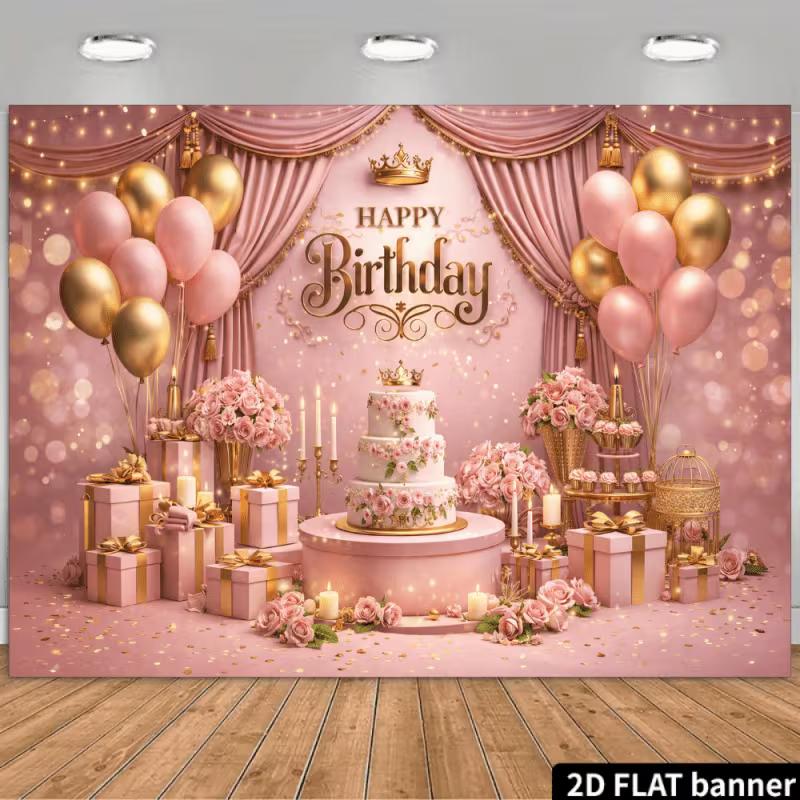 2D Pink Gold Happy Birthday Backdrop Banner Photography Background Party Decor