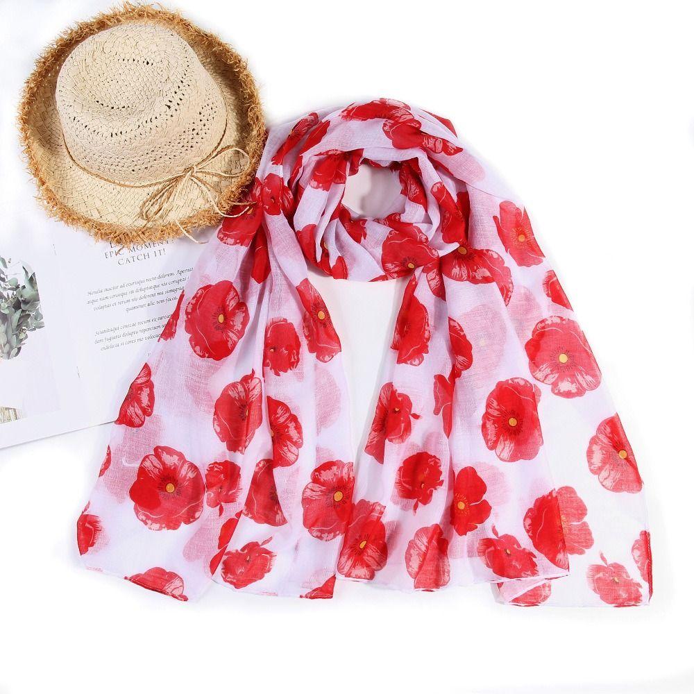 Colorful Poppy Print Scarf 180*90cm Smooth Poppy Floral Shawl Breathable Cotton Voile Poppies Floral Wrap for Women Ladies