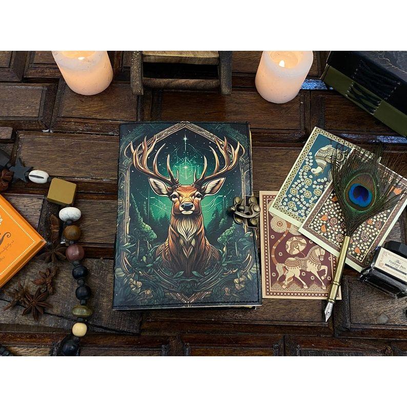 Vintage Leather Journal Deer Printed Journal Blank Spell Book of Shadows Handmade Leather Journal Grimoire Journal with Deckle Edge Paper